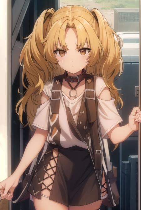 yuzukikatagiri, <lora:yuzuki katagiri s1-lora-nochekaiser:1>,yuzuki katagiri, long hair, bangs, blonde hair, twintails, (brown eyes:1.5), (parted bangs:1.5),BREAK skirt, shirt, thighhighs, white shirt, short sleeves, black skirt, collar, single thighhigh, argyle,BREAK outdoors,BREAK looking at viewer, (cowboy shot:1.5),BREAK <lyco:GoodHands-beta2:1>, (masterpiece:1.2), best quality, high resolution, unity 8k wallpaper, (illustration:0.8), (beautiful detailed eyes:1.6), extremely detailed face, perfect lighting, extremely detailed CG, (perfect hands, perfect anatomy),