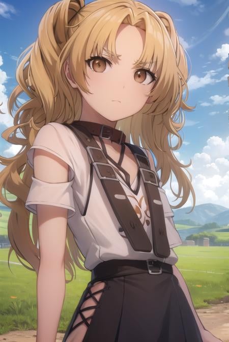 yuzukikatagiri, <lora:yuzuki katagiri s1-lora-nochekaiser:1>,yuzuki katagiri, long hair, bangs, blonde hair, twintails, (brown eyes:1.5), (parted bangs:1.5),BREAK skirt, shirt, thighhighs, white shirt, short sleeves, black skirt, collar, single thighhigh, argyle,BREAK outdoors,BREAK looking at viewer, (cowboy shot:1.5),BREAK <lyco:GoodHands-beta2:1>, (masterpiece:1.2), best quality, high resolution, unity 8k wallpaper, (illustration:0.8), (beautiful detailed eyes:1.6), extremely detailed face, perfect lighting, extremely detailed CG, (perfect hands, perfect anatomy),