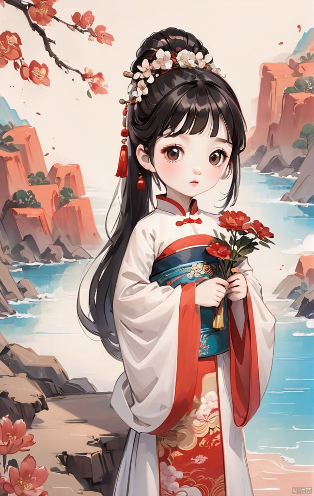 (Masterpiece),  (Best Quality),  a little girl around 10 years old,  Red Cliff,  very cute and beautiful,  with black hair and exquisite hair accessories,  dressed in Chinese clothing,  holding flowers,<lora:EMS-295611-EMS:1.000000>