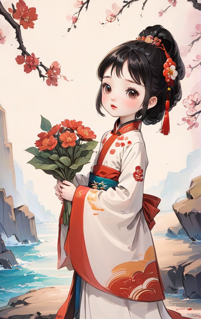 (Masterpiece),  (Best Quality),  a little girl around 10 years old,  Red Cliff,  very cute and beautiful,  with black hair and exquisite hair accessories,  dressed in Chinese clothing,  holding flowers,<lora:EMS-295611-EMS:1.000000>