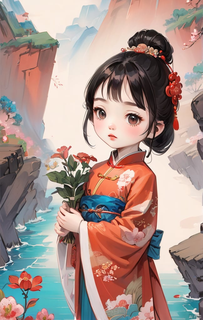 (Masterpiece),  (Best Quality),  a little girl around 10 years old,  Red Cliff,  very cute and beautiful,  with black hair and exquisite hair accessories,  dressed in Chinese clothing,  holding flowers,<lora:EMS-295611-EMS:1.000000>