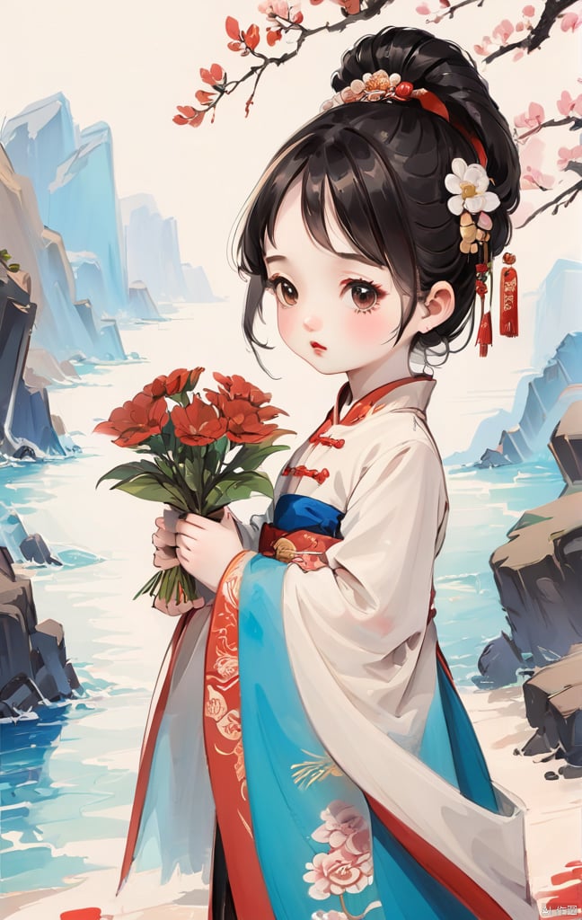 (Masterpiece),  (Best Quality),  a little girl around 10 years old,  Red Cliff,  very cute and beautiful,  with black hair and exquisite hair accessories,  dressed in Chinese clothing,  holding flowers,<lora:EMS-295611-EMS:1.000000>