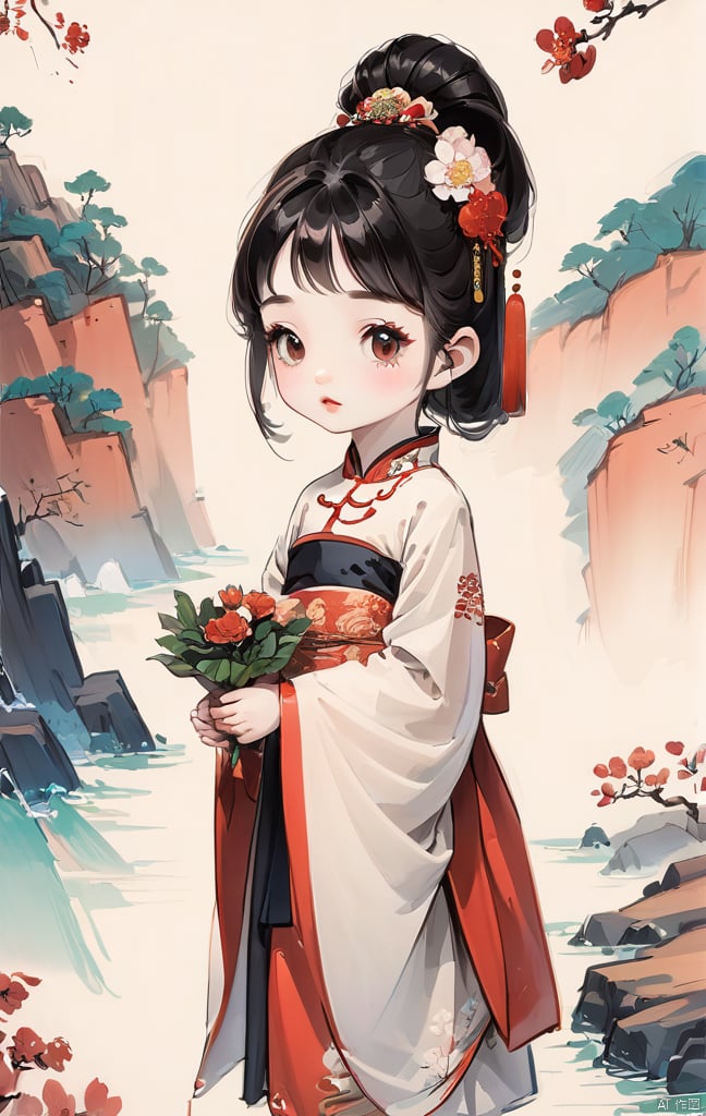 (Masterpiece),  (Best Quality),  a little girl around 10 years old,  Red Cliff,  very cute and beautiful,  with black hair and exquisite hair accessories,  dressed in Chinese clothing,  holding flowers,  traditional chinese ink painting,<lora:EMS-295611-EMS:1.000000>