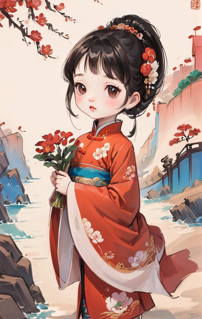 (Masterpiece),  (Best Quality),  a little girl around 10 years old,  Red Cliff,  very cute and beautiful,  with black hair and exquisite hair accessories,  dressed in Chinese clothing,  holding flowers,<lora:EMS-295611-EMS:1.000000>