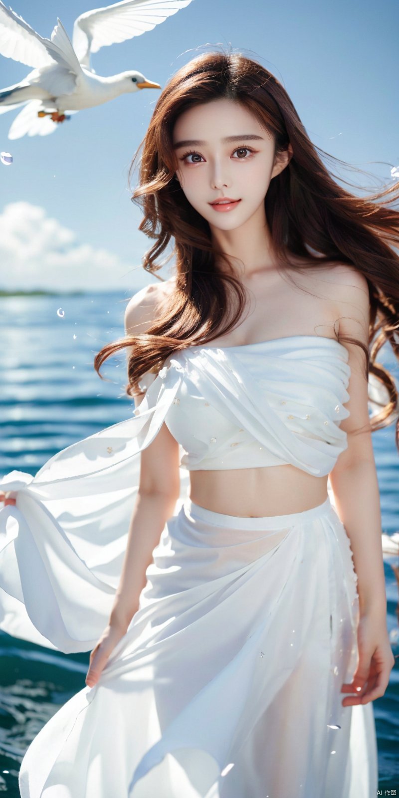  DSLR, depth of field, (1girl:1.2), , very long hair, low twintails, yellow eyes, light smile, looking at viewer, white shirt, white skirt, (flying white chiffon:1.5), bare shoulder, (flying blue petals:1.2), (standing above water surface), sky background, (cloud:1.2), white bird, floating water drops, (white border:1.2) , 
backlight, , jujingyi, taoist robe, ll-hd,(((large breasts)), depth of field,, ((poakl)),  fanbing