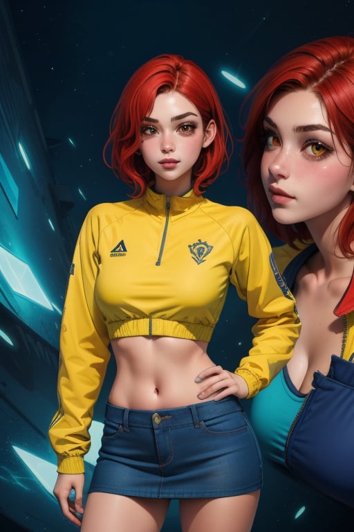 Will Vandom is a beautiful 18 year old girl. She has short red hair and yellow eyes. She wears a thigh-length jacket. she wearing a t-shirt and miniskirt. big breasts, wide hips. In the background a series of very detailed and unreal illustrations, surreal, abstract, lucid dreams, oneiric. interactive elements, highly detailed, ((Detailed face)), ((Detailed half body)), Color Booster, sciamano240, 1girl, Will Vandom