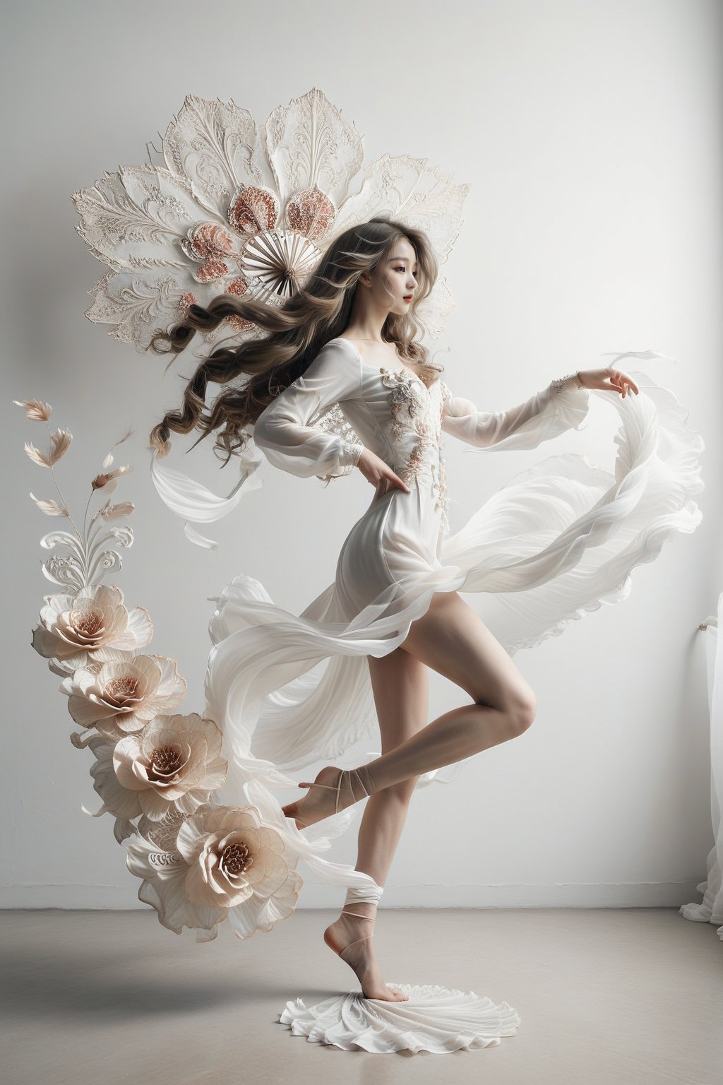  girl dancing, with very long sleeves like waves, long white wavy dress like tails, long legs,  flower fan as background , white pale wall background 