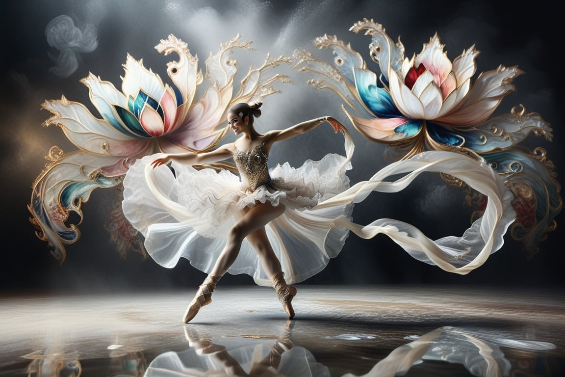  girl dancer wearing a eye crystal mask dancing, with very long scarf like waves, long wavy tutu dress , long legs, a ring of flower as background , dark background , two-legs, two-hands 
water on floor and reflection of the image 
masterpieces , 16K , raw photo , swan lake style 