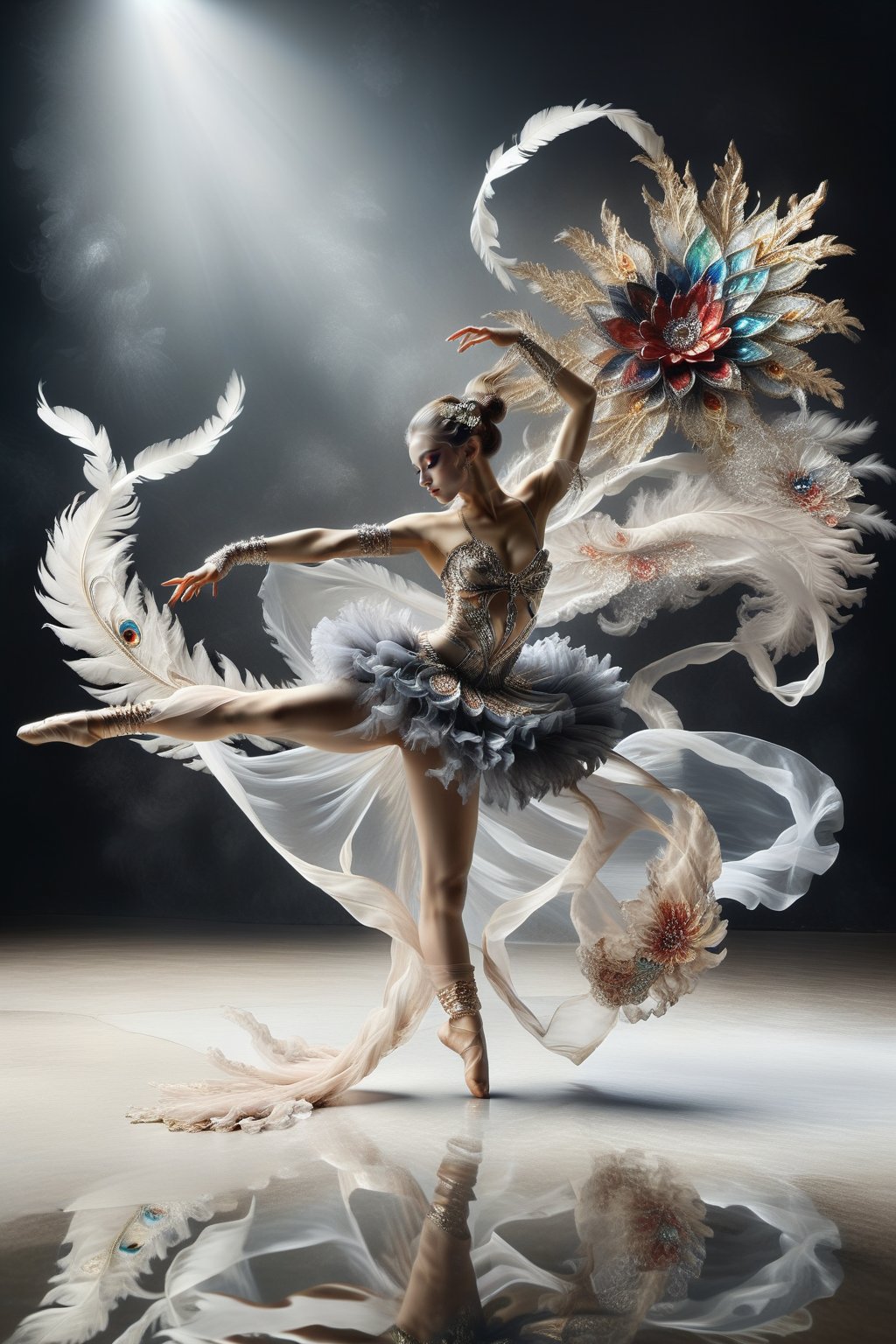  girl dancer wearing a eye crystal mask doing split , with very long scarf like waves, long wavy feather tutu dress , long legs, a ring of flower as background , dark background , two-legs, two-hands 
water on floor and reflection of the image 
masterpieces , 16K , raw photo , 