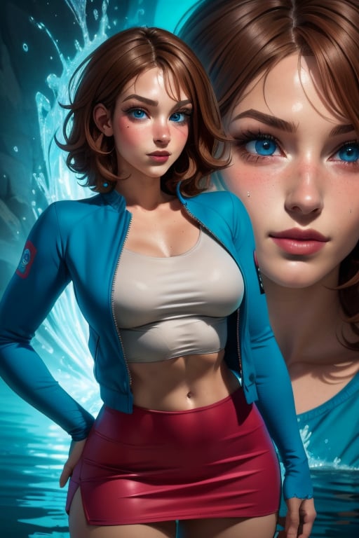 Irma Lair is a beautiful 18 year old girl. She has short brown hair and blue eyes. She wears a thigh-length jacket. she wearing a t-shirt and miniskirt. big breasts, wide hips. In the background a series of very detailed and unreal illustrations, surreal, abstract, water powers. interactive elements, highly detailed, ((Detailed face)), ((Detailed half body)), Color Booster, sciamano240, 1girl, Will Vandom,Irma Lair 
