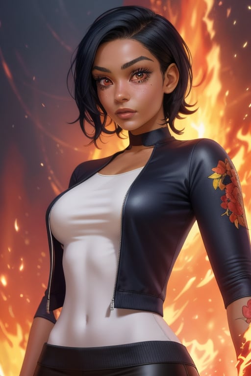 Taranee Cook is a beautiful 18 year old dark skin girl. She has short black hair and brown eyes. She wears a thigh-length jacket. she wearing a t-shirt and miniskirt. big breasts, wide hips. In the background a series of very detailed and unreal illustrations, surreal, abstract, fire powers. interactive elements, highly detailed, ((Detailed face)), ((Detailed half body)), Color Booster, sciamano240, 1girl, Taranee Cook