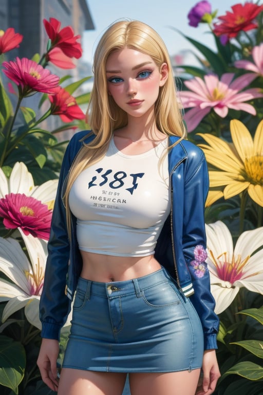 Cornelia Hale is a beautiful 18 year old girl. She has long blonde hair and blue eyes. She wears a thigh-length jacket. she wearing a t-shirt and miniskirt. big breasts, wide hips. In the background a series of very detailed and unreal illustrations, surreal, abstract, flowers powers. interactive elements, highly detailed, ((Detailed face)), ((Detailed half body)), Color Booster, sciamano240, 1girl, Cornelia Hale