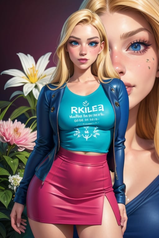 Cornelia Hale is a beautiful 18 year old girl. She has long blonde hair and blue eyes. She wears a thigh-length jacket. she wearing a t-shirt and miniskirt. big breasts, wide hips. In the background a series of very detailed and unreal illustrations, surreal, abstract, flowers powers. interactive elements, highly detailed, ((Detailed face)), ((Detailed half body)), Color Booster, sciamano240, 1girl, Cornelia Hale
