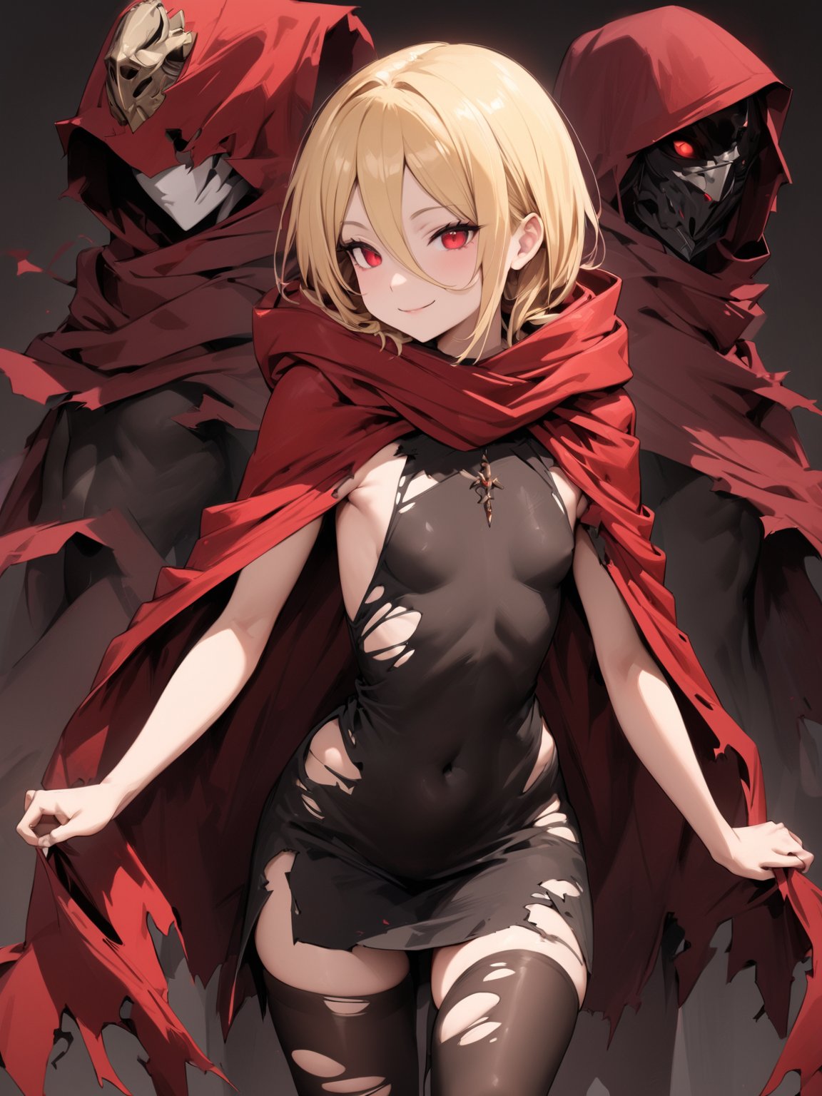 //Quality,
masterpiece, best quality, detailed
,//Character,
solo,
,//Fashion,
,//Background,
simple_background
,//Others,
,Evileye \(overlord\), 1girl, blonde hair, red eyes, hair between eyes, small breasts, hood, black dress, torn clothes, covered navel, red cloak, hooded cloak, black thighhighs, torn thighhighs, boots, black footwear, mask, hood down, smile