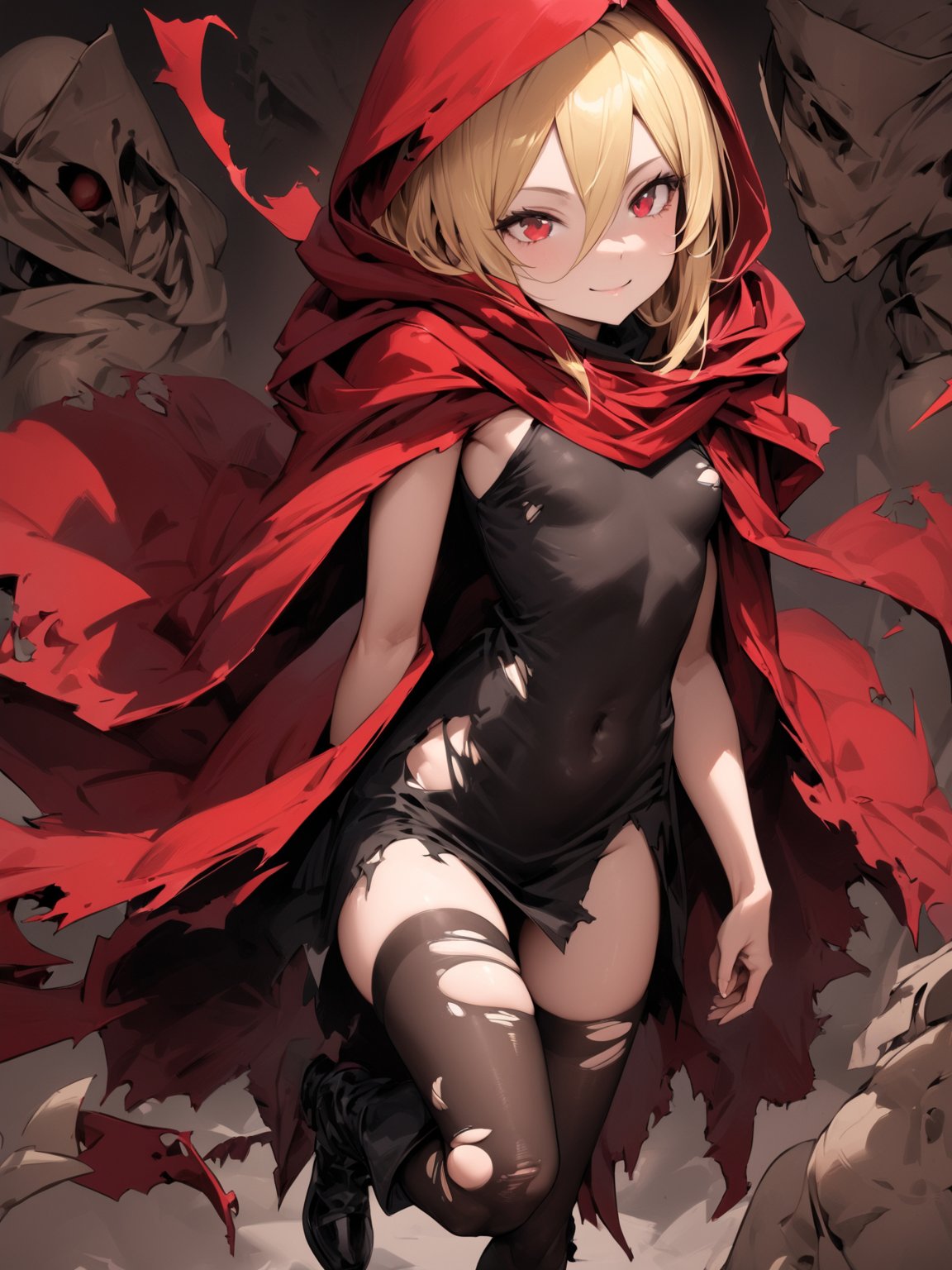 //Quality,
masterpiece, best quality, detailed
,//Character,
solo,
,//Fashion,
,//Background,
simple_background
,//Others,
,Evileye \(overlord\), 1girl, blonde hair, red eyes, hair between eyes, small breasts, hood, black dress, torn clothes, covered navel, red cape, hooded cape, red cloak, hooded cloak, black thighhighs, torn thighhighs, boots, black footwear, hood down, smile