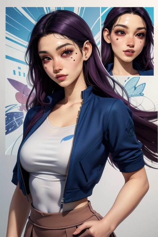 Hay Lin is a beautiful 18 year old girl. She has long dark purple hair and brown eyes. She wears a thigh-length jacket. she wearing a t-shirt and miniskirt. big breasts, wide hips. In the background a series of very detailed and unreal illustrations, surreal, abstract, wind powers. interactive elements, highly detailed, ((Detailed face)), ((Detailed half body)), Color Booster, sciamano240, 1girl, Hay Lin 