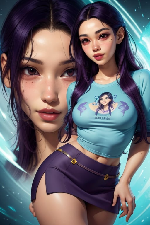 Hay Lin is a beautiful 18 year old girl. She has long dark purple hair and brown eyes. She wears a thigh-length jacket. she wearing a t-shirt and miniskirt. big breasts, wide hips. In the background a series of very detailed and unreal illustrations, surreal, abstract, wind powers. interactive elements, highly detailed, ((Detailed face)), ((Detailed half body)), Color Booster, sciamano240, 1girl, Hay Lin 