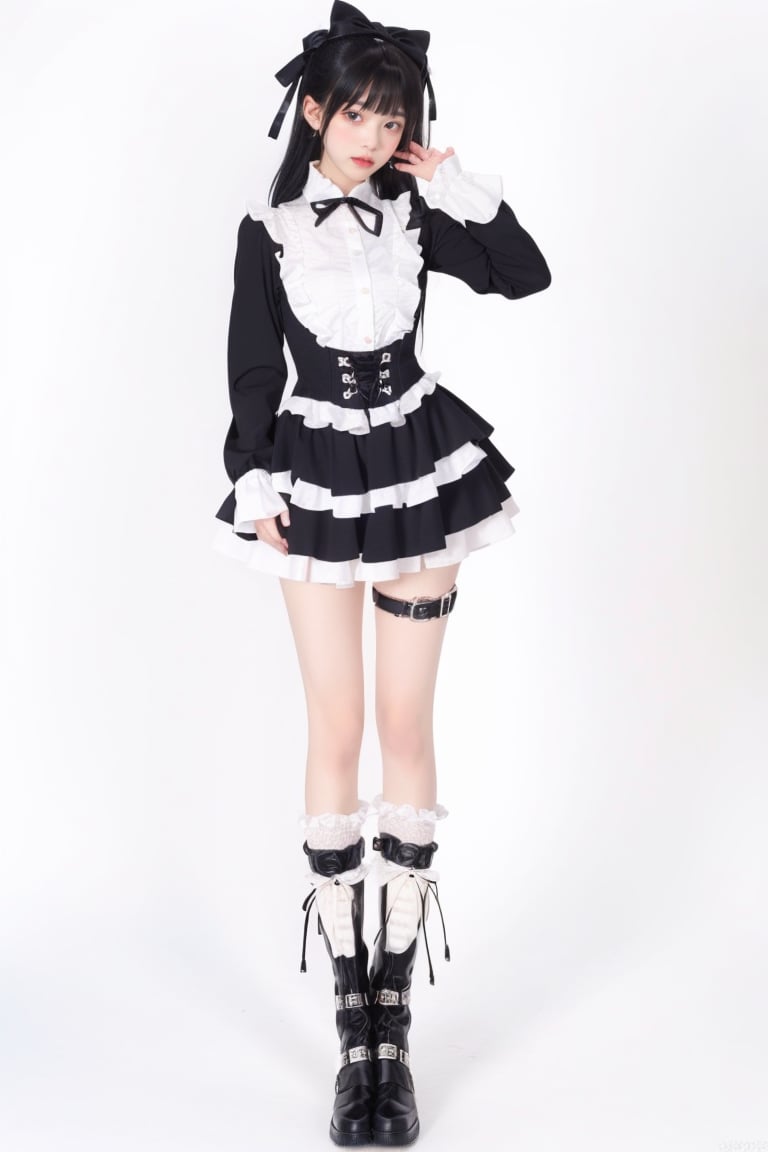 1girl, solo, long hair, looking at viewer, bangs, skirt, simple background, shirt, black hair, long sleeves, white background, dress, bow, ribbon, standing, full body, hair bow, boots, frills, socks, black footwear, black dress, black bow, thigh strap, lolita fashion, hands on hips, gothic lolita