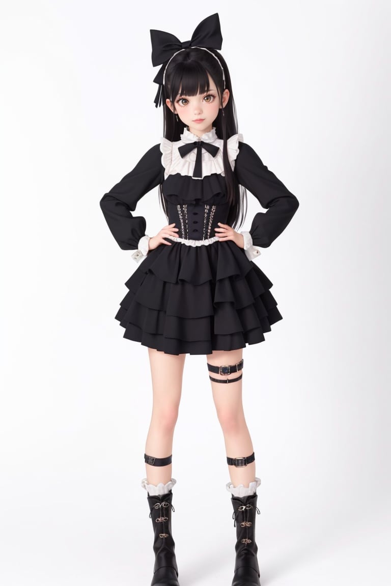 1girl, solo, long hair, looking at viewer, bangs, skirt, simple background, shirt, black hair, long sleeves, white background, dress, bow, ribbon, standing, full body, hair bow, boots, frills, socks, black footwear, black dress, black bow, thigh strap, lolita fashion, hands on hips, gothic lolita