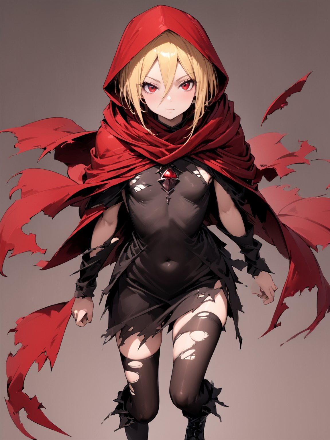 //Quality,
masterpiece, best quality, detailed
,//Character,
solo,
,//Fashion,
,//Background,
simple_background
,//Others,
,Evileye \(overlord\), 1girl, short hair, bangs, blonde hair, red eyes, hair between eyes, closed mouth, small breasts, boots, black thighhighs, hood, black footwear, black dress, torn clothes, covered navel, hood up, arms at sides, red cape, torn thighhighs, hooded cloak, hooded cape, red cloak