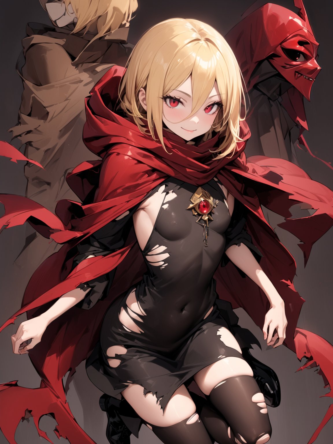 //Quality,
masterpiece, best quality, detailed
,//Character,
solo,
,//Fashion,
,//Background,
simple_background
,//Others,
,Evileye \(overlord\), 1girl, blonde hair, red eyes, hair between eyes, small breasts, hood, black dress, torn clothes, covered navel, red cloak, hooded cloak, black thighhighs, torn thighhighs, boots, black footwear, mask, hood down, smile