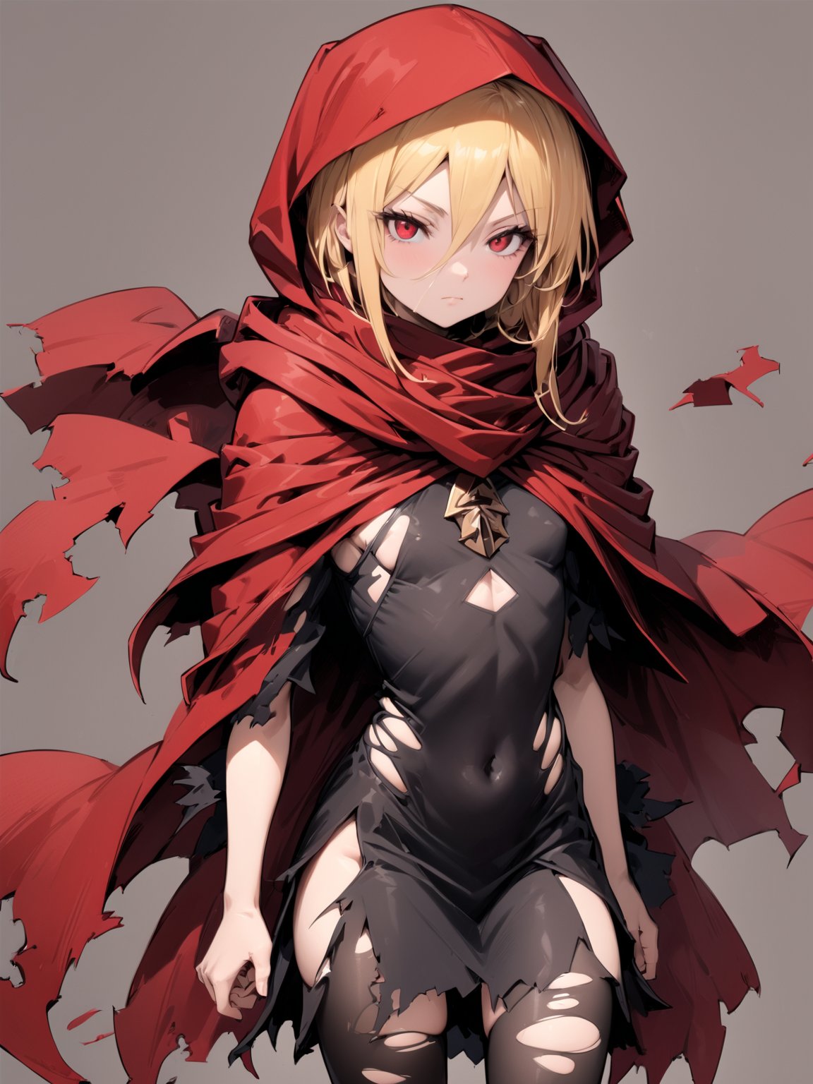 //Quality,
masterpiece, best quality, detailed
,//Character,
solo,
,//Fashion,
,//Background,
simple_background
,//Others,
,Evileye \(overlord\), 1girl, blonde hair, red eyes, hair between eyes, small breasts, hood, black dress, torn clothes, covered navel, red cape, hooded cape, red cloak, hooded cloak, black thighhighs, torn thighhighs, boots, black footwear, hood up, arms at sides, closed mouth