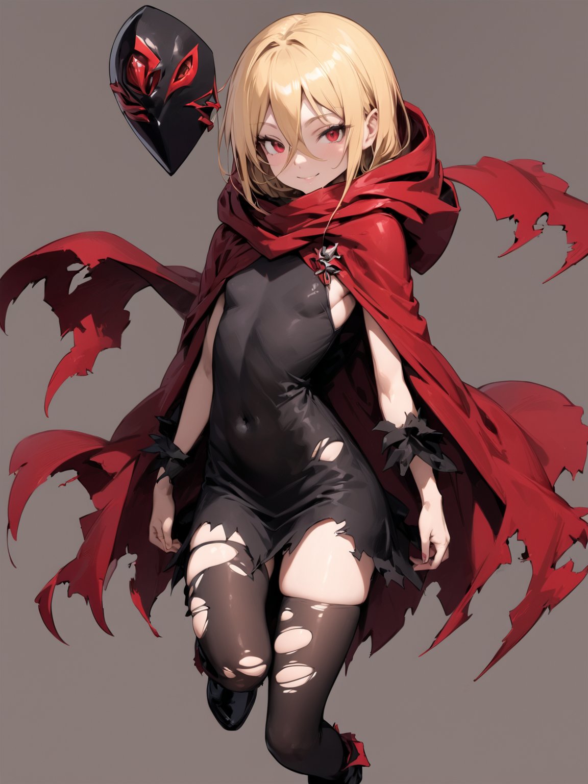 //Quality,
masterpiece, best quality, detailed
,//Character,
solo,
,//Fashion,
,//Background,
simple_background
,//Others,
,Evileye \(overlord\), 1girl, blonde hair, red eyes, hair between eyes, small breasts, hood, black dress, torn clothes, covered navel, red cloak, hooded cloak, black thighhighs, torn thighhighs, boots, black footwear, mask, hood down, smile