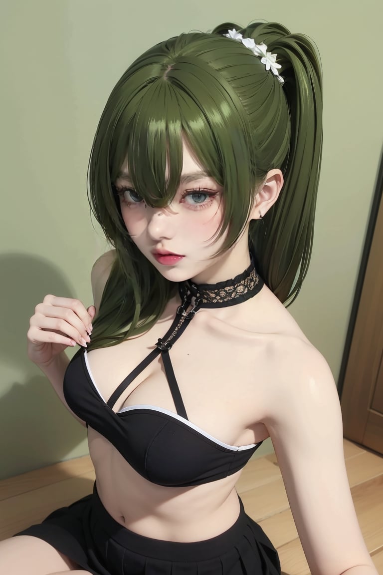 female, ((masterpiece, best quality, ultra detailed, absurdres):1.5), 1girl,solo, upper_body, hime_cut, green hair,ubel, from_above,skirt