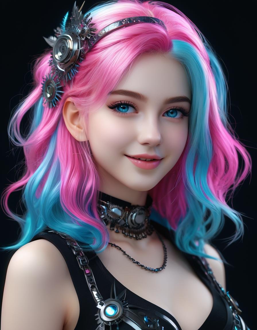 (masterpiece,  top quality,  best quality,  official art,  a nightly very dark 3D octane render,  contrast,  beautiful and aesthetic:1.2),  (1girl:1.2),  smiling with teeth,  blue eyes,  upper body,  two-tone_hair,  ([pink,  blue] hair:1.2),  extreme detailed,  (fractal art:1.3),  (colorful:1.2),  highest detailed,  (Mechanical modification:1.2),  happy,  intricate
