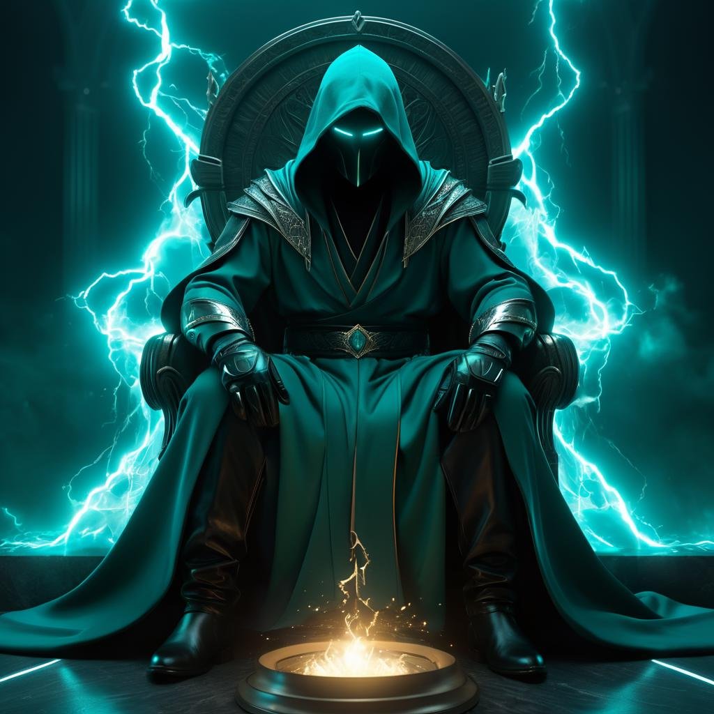 figure sitting on his throne,  flowing teal robes,  hooded,  glowing teal eyes,  no face,  black leather gloves,  teal plasma balls on each side,  teal lightning,  gradiating black and teal background,  hyperrealistic,  intricate details,  shiny,  cinematic,  unreal engine,  artstation,  octane render
