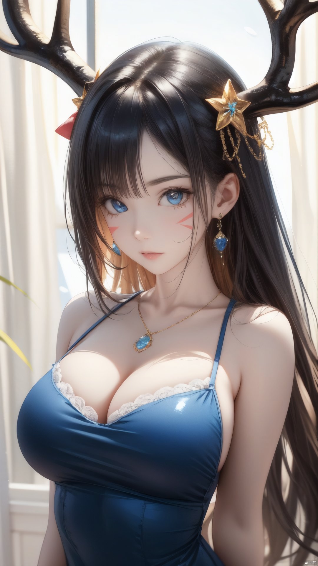 masterpiece, best quality, ultra-detailed, detailed pupils, photography, pale, realistic skin texture, 1girl, solo, long hair, looking at viewer, blue eyes, brown hair, hair ornament, dress, bare shoulders, jewelry, upper body, earrings, blue dress, facial mark, expressionless, forehead mark, antlers, Super clear, super detailed, HD, 32k, best quality, 8k,super clean