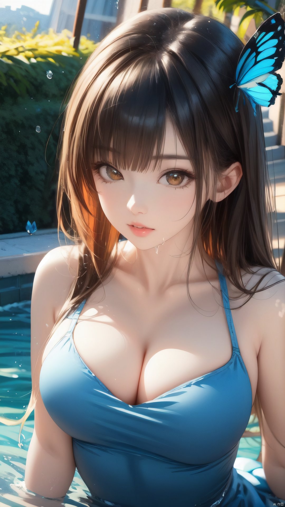  masterpiece, best quality, ultra-detailed, detailed pupils, photography, pale, realistic skin texture, 1girl, solo, long hair, breasts, looking at viewer, blush, bangs, dress, cleavage, brown eyes, medium breasts, collarbone, upper body, parted lips, sleeveless, water, lips, wet, blue dress, bug, butterfly, partially submerged, water drop, realistic, nose, blue butterfly, super detailed, HD, 32k, best quality, 8k,super clean