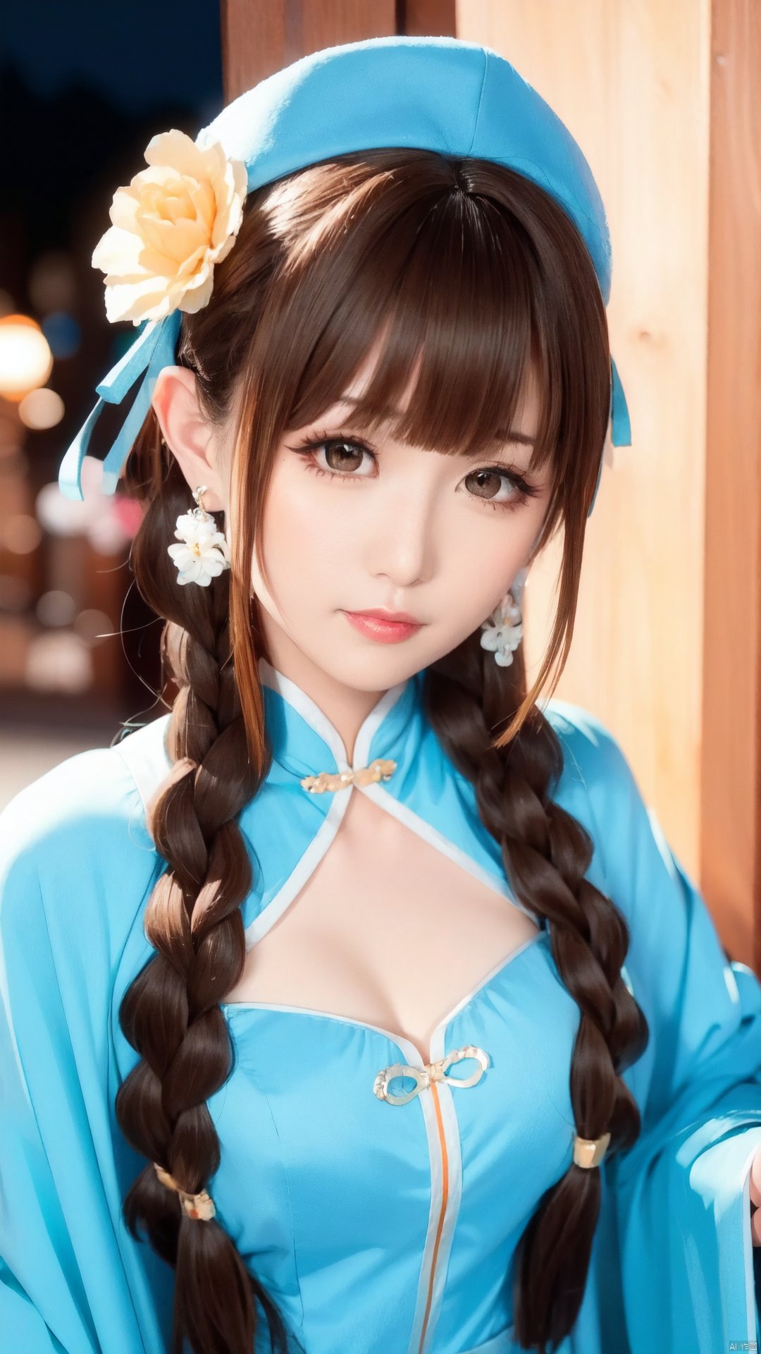  1girl, solo, long hair, looking at viewer, blush, bangs, brown hair, black hair, hair ornament, hat, brown eyes, jewelry, closed mouth, upper body, braid, flower, earrings, hair flower, blurry, lips, night, chinese clothes, white flower, red lips, Super clear, super detailed