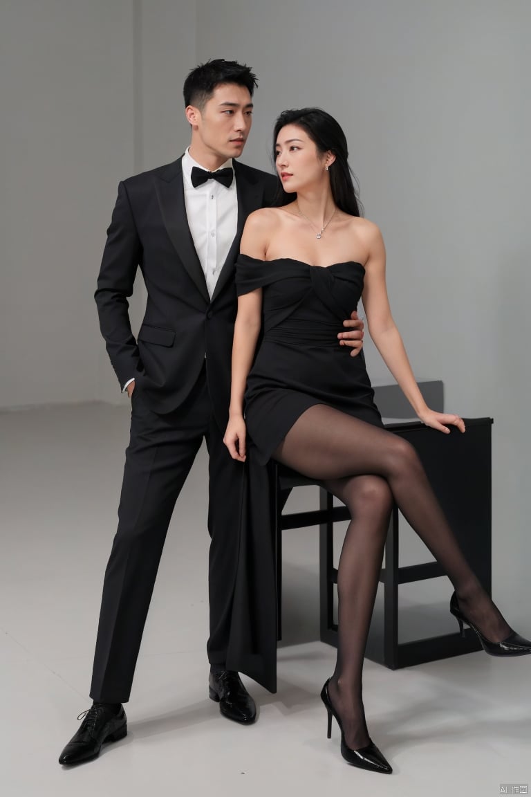  👫,a Handsome man and a sexy woman hugging together,standing,Asian,exquisite facial features,(muscular man wearing formal suit,formal sheer socks,footwear), (slim woman wearing black formal dress which sways with the wind,black pantyhose,high heels), face to face, affectionate, charming eyes,simple background, graceful yet melancholic posture,Volumetric lighting,Ultra High Resolution,profession,High-end fashion photoshoot,(masterpiece, realistic, best quality, highly detailed),jzns,plns,