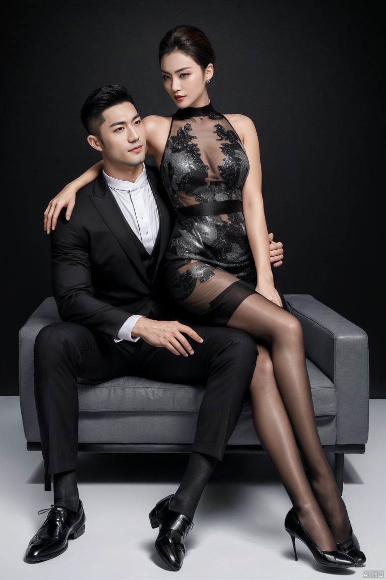  👫,a Handsome man and a sexy woman hugging together,standing,Asian,exquisite facial features,(muscular man wearing formal suit,formal sheer socks,footwear), (slim woman wearing black Mosaic dress which sways with the wind,black print pantyhose), face to face, affectionate, charming eyes,simple background, graceful yet melancholic posture, Volumetric lighting,full shot,Ultra High Resolution,profession,High-end fashion photoshoot,(masterpiece, realistic, best quality, highly detailed),jzns,plns, ((poakl)),kongjie