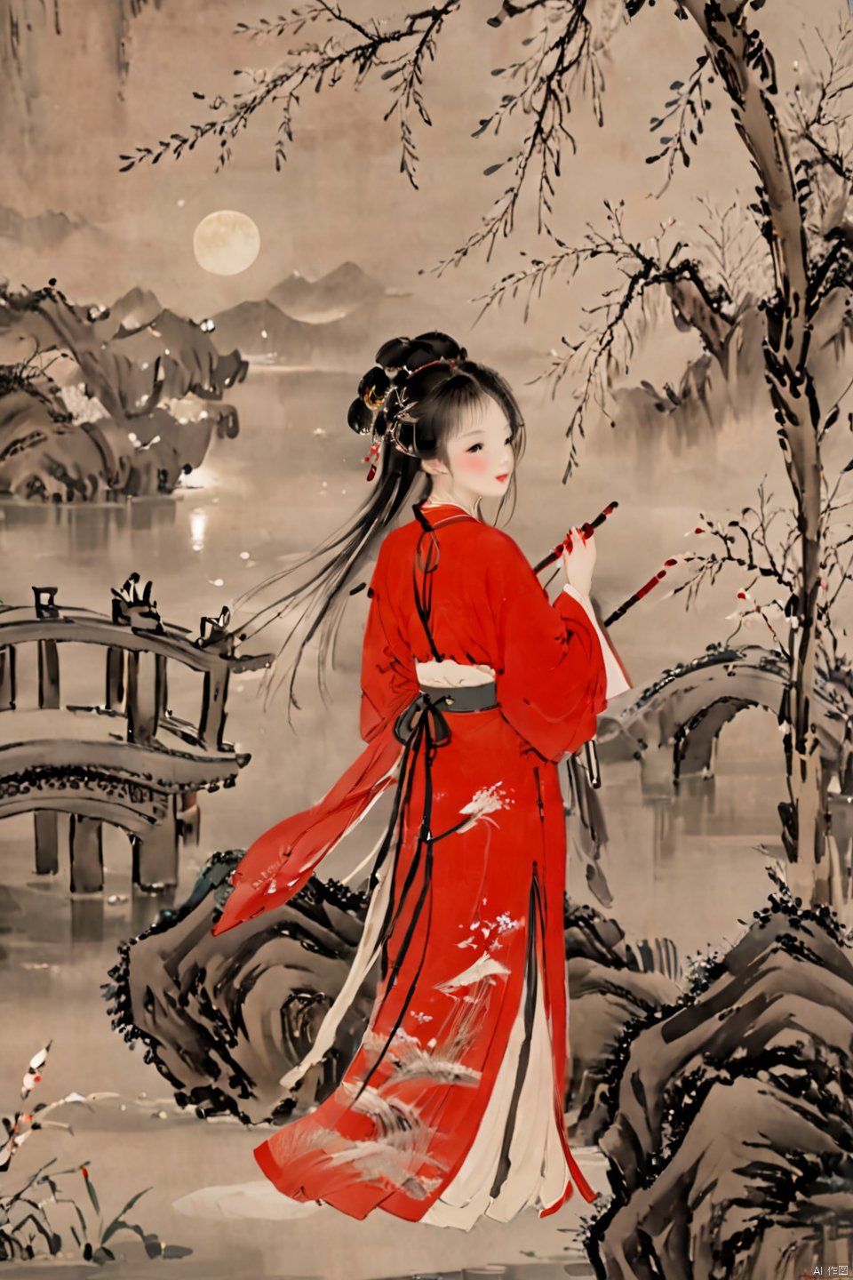  A girl, alone, long hair, looking at the audience, black hair, hair accessories, long sleeves, clothes, hugging, standing, flowers, outdoors, looking back, water, hair bun, from behind, tree, Belt, Chinese clothes, moon, red clothes, insects, butterflies, hands with lanterns, railings, branches, bridges,Hanfu,月上枝头, traditional chinese inkpainting,荷塘月色,山竹春色