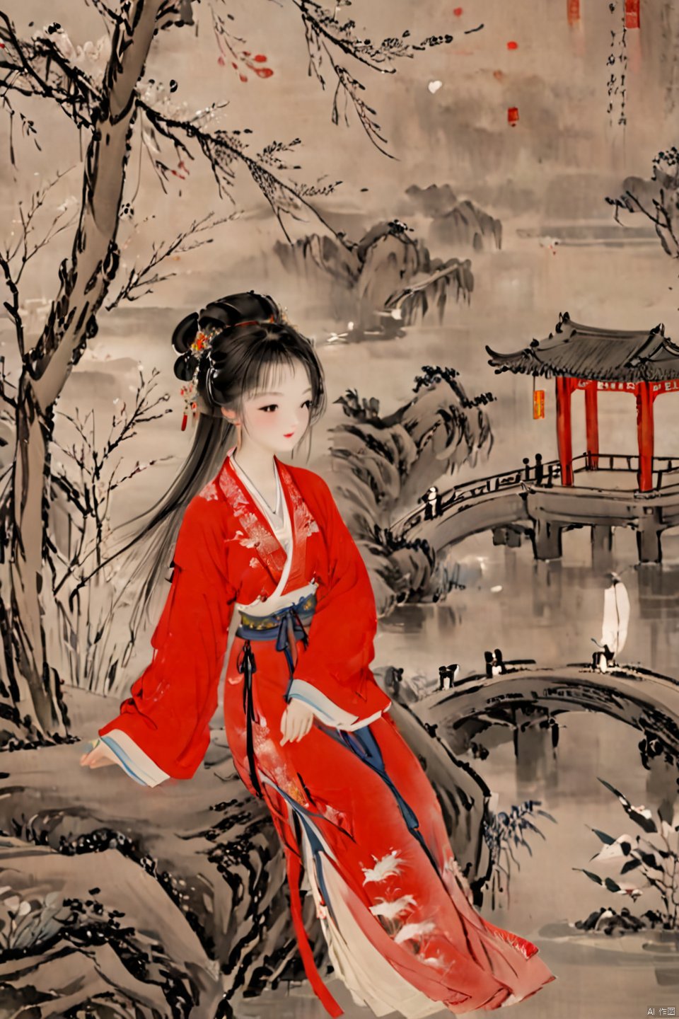  A girl, alone, long hair, looking at the audience, black hair, hair accessories, long sleeves, clothes, hugging, standing, flowers, outdoors, looking back, water, hair bun, from behind, tree, Belt, Chinese clothes, moon, red clothes, insects, butterflies, hands with lanterns, railings, branches, bridges,Hanfu,月上枝头, traditional chinese inkpainting,荷塘月色,山竹春色