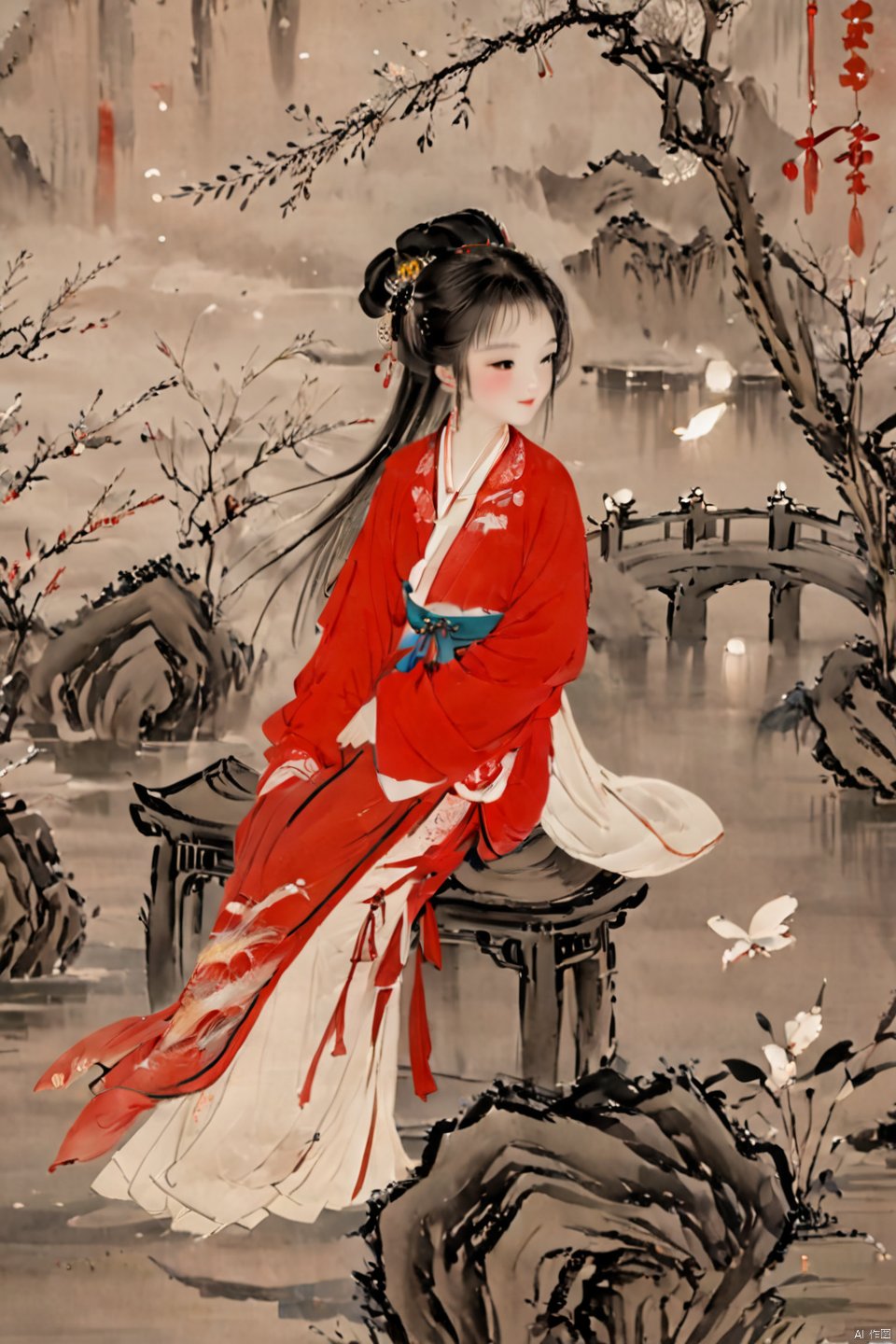  A girl, alone, long hair, looking at the audience, black hair, hair accessories, long sleeves, clothes, hugging, standing, flowers, outdoors, looking back, water, hair bun, from behind, tree, Belt, Chinese clothes, moon, red clothes, insects, butterflies, hands with lanterns, railings, branches, bridges,Hanfu,月上枝头, traditional chinese inkpainting,荷塘月色,山竹春色