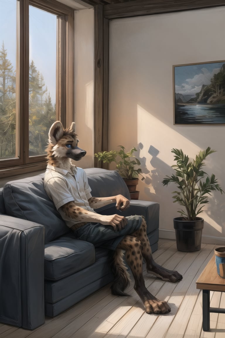 solo, (cute, skinny), cozy, light shadows, crepuscular light, male, blush, (warm light, sunlight), button-up shirt, anthro hyena, anthro, sam yang, beautiful lighting,Sitting alone on a worn leather sofa, relaxes in the scorching sun, enjoying the cool breeze from the open window. Vibrant sunlight streams through the window, casting long shadows on the floor. Lush green potted plants line the windowsill, their leaves contrasting beautifully with the bright orange and yellow tones of the room. A clear blue sky peeks through the window, hinting at a sweltering summer day. sofa, window, potted plants, FurryCore, arcane style, ((CS-BRYO, retro primaries)), line art, 