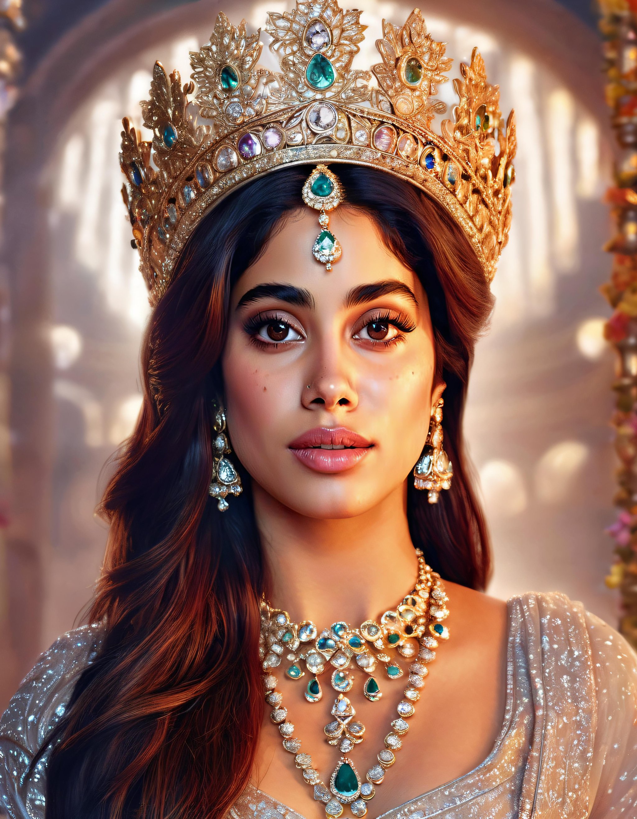 cinematic photo highly detailed portrait of (((Janhvi Kapoor))) as an elegant goddess, ornate crown, beautiful symmetrical face, digital painting, artstation, concept art, smooth, clear focus, illustration, greg rutkowski, artgerm, global lighting, detailed and fantasy  35mm photograph, film, bokeh, professional, 4k, highly detailed<lora:JK-000007:0.69>