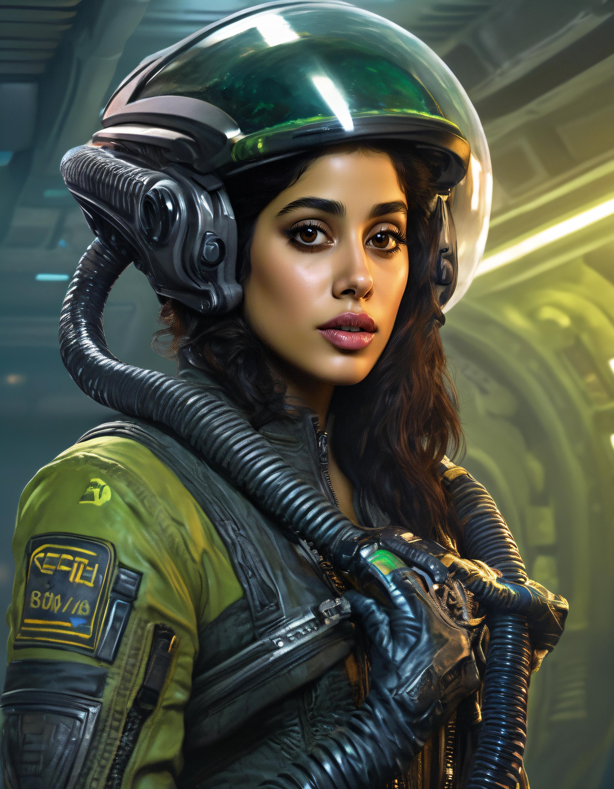 cinematic upper body portrait of janhvi kapoor as a (((woman from alien movie, dressed in ripley clothes))), realistic artwork by greg rutkowski, 4k, 135mm IMAX,  <lora:JK-000007:0.64>