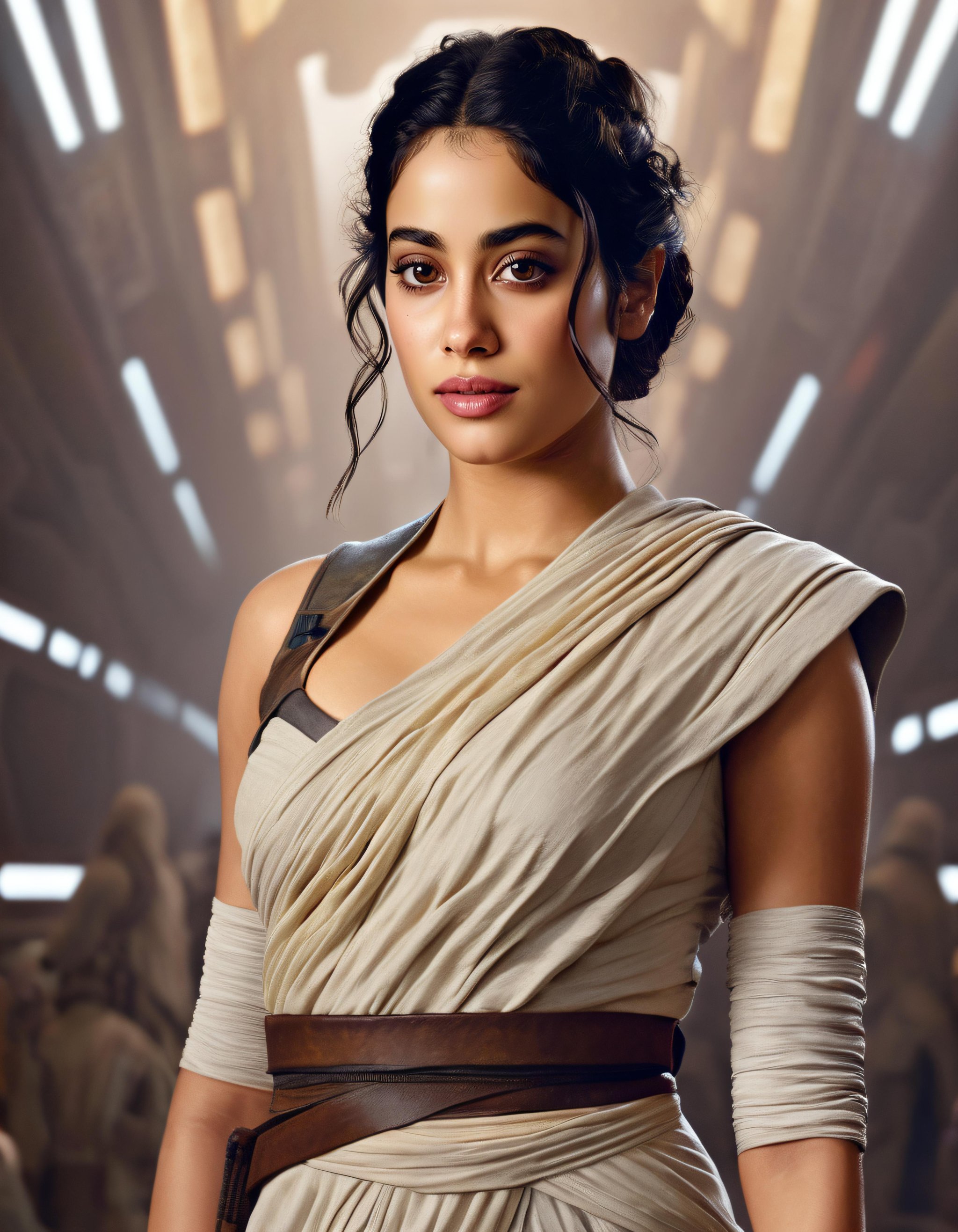 cinematic upper body portrait of janhvi kapoor as a (((woman from star wars, dressed in rey skywalker clothes))), realistic artwork by greg rutkowski, 4k, 135mm IMAX,  <lora:JK-000007:0.64>