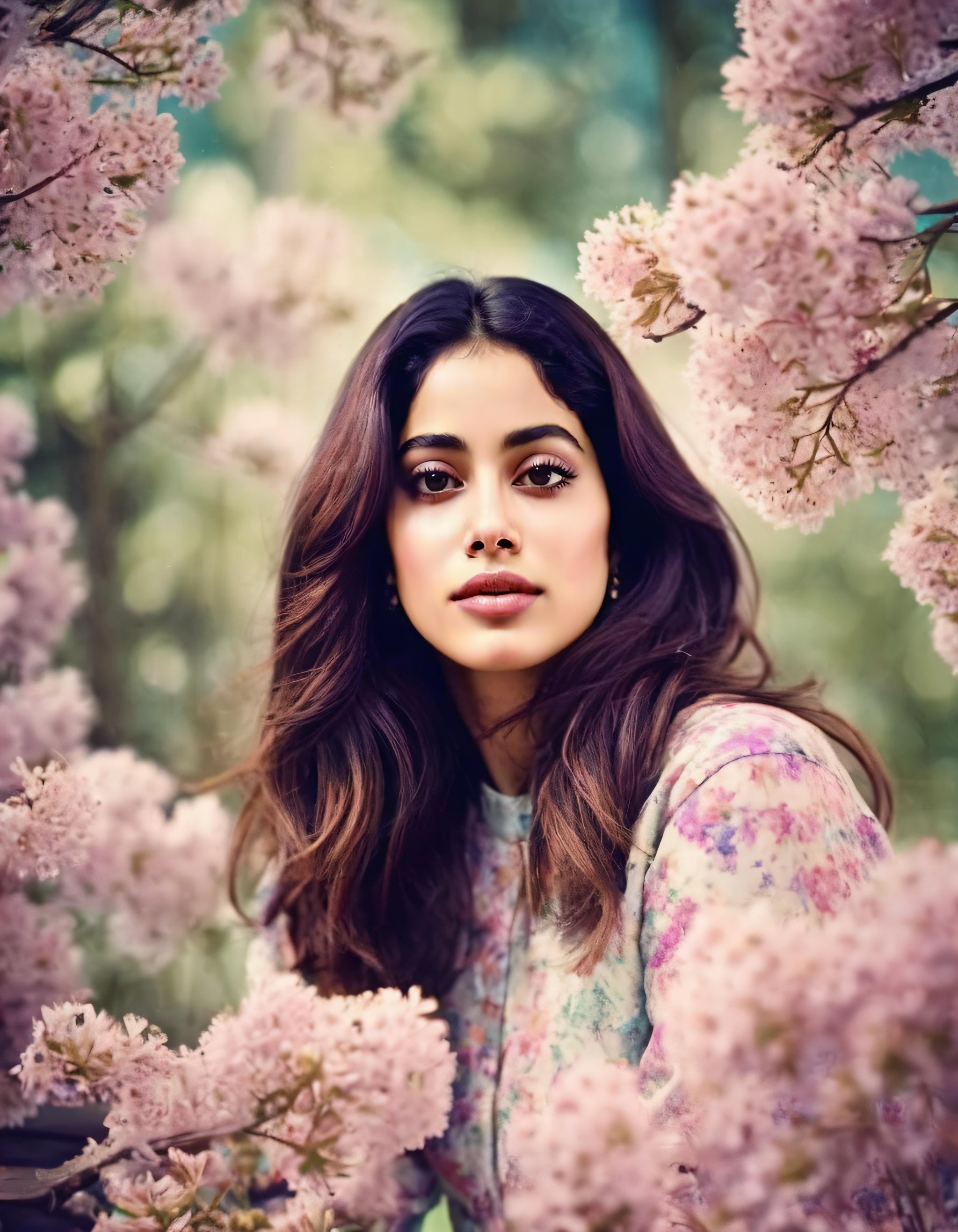 polaroid photo photograph, ( janhvi kapoor), spring , tilt shift, Horror, specular lighting, film grain, Samsung Galaxy, F/5 , flash photography, light bleed, scratches, Terry Richardson style <lora:JK-000007:0.64>