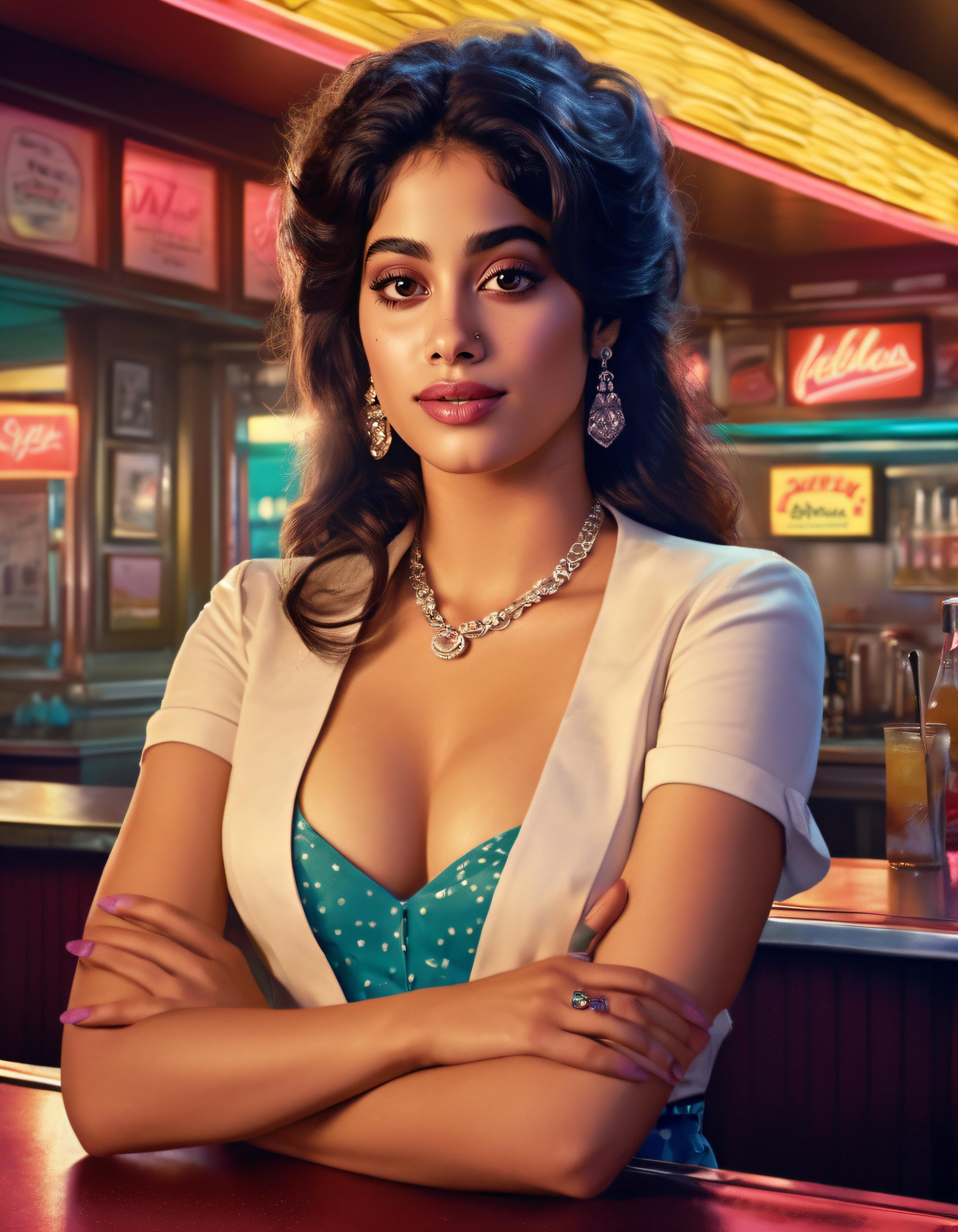 cinematic upper body portrait of janhvi kapoor as a woman from the 1980s, dressed as a barmaid, inside a 1980s style diner, realistic artwork by greg rutkowski, 4k, 135mm IMAX,  <lora:JK-000007:0.64>