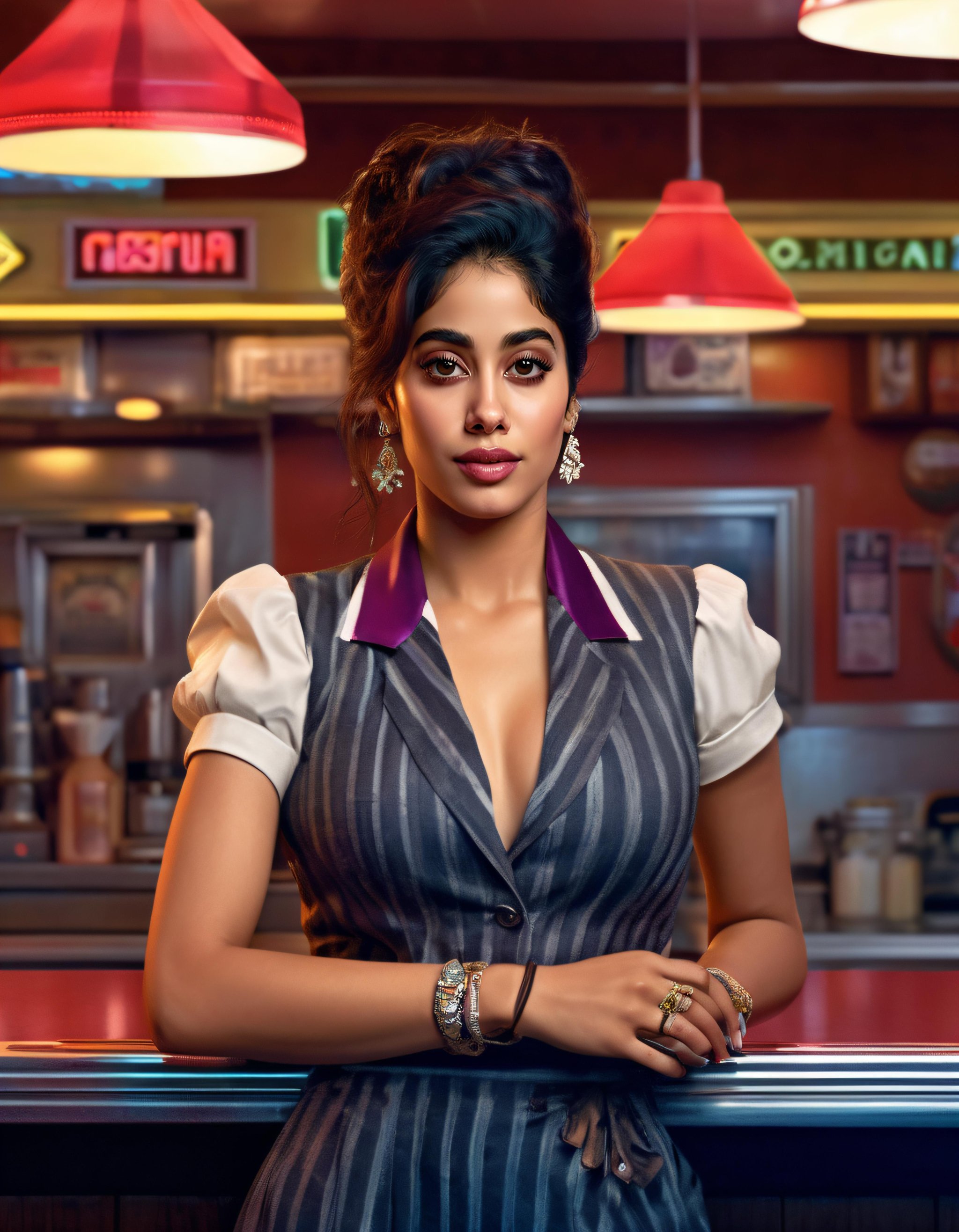 cinematic upper body portrait of janhvi kapoor as a woman from the 1980s, dressed as a barmaid, inside a 1980s style diner, realistic artwork by greg rutkowski, 4k, 135mm IMAX,  <lora:JK-000007:0.64>