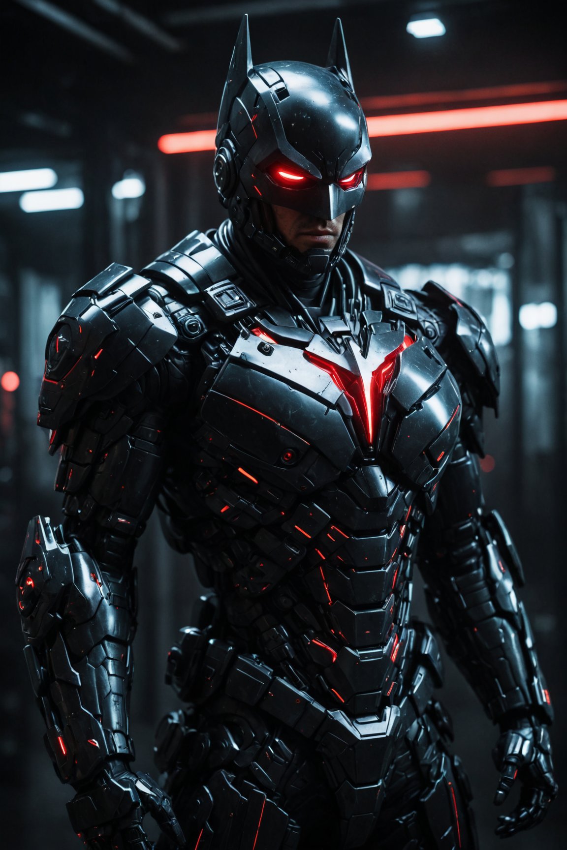 Angry batman mecha robo soldier character, anthropomorphic figure, wearing futuristic black soldier armor and weapons, reflection mapping, realistic figure, hyperdetailed, cinematic lighting photography, red lighting on suit, By: panchovilla, mecha, cyborg style,Movie Still,cyborg style