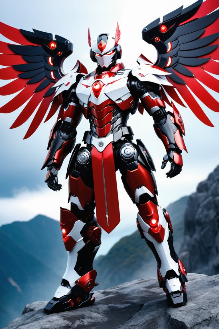 masterpiece, best quality, 1boy 37 yo, angel death, dynamic pose in shipyard, black hair short hair one side up, robot eyes, black eyes, red white lightning armor , CyberskullAI ,cyborg style
[a merger between a big winged garuda, cyborg face] and [a white and red lighting translucent phantom ] robo, stocky and strong body, big muscles,carrying a large sword in his right hand, standing pose with his back to the camera on the top of a mountain, frostracetech,robot,more detail XL, humanoid cyborg style, framing: ground level,frontal,full_body,cyborg style