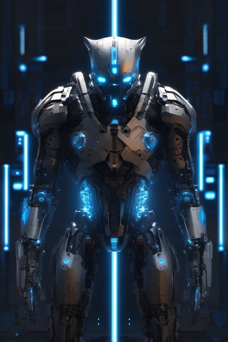 cyborg style, no humans, glowing, blue eyes, robot, glowing eyes, solo, standing, science fiction, animal, mechanical parts