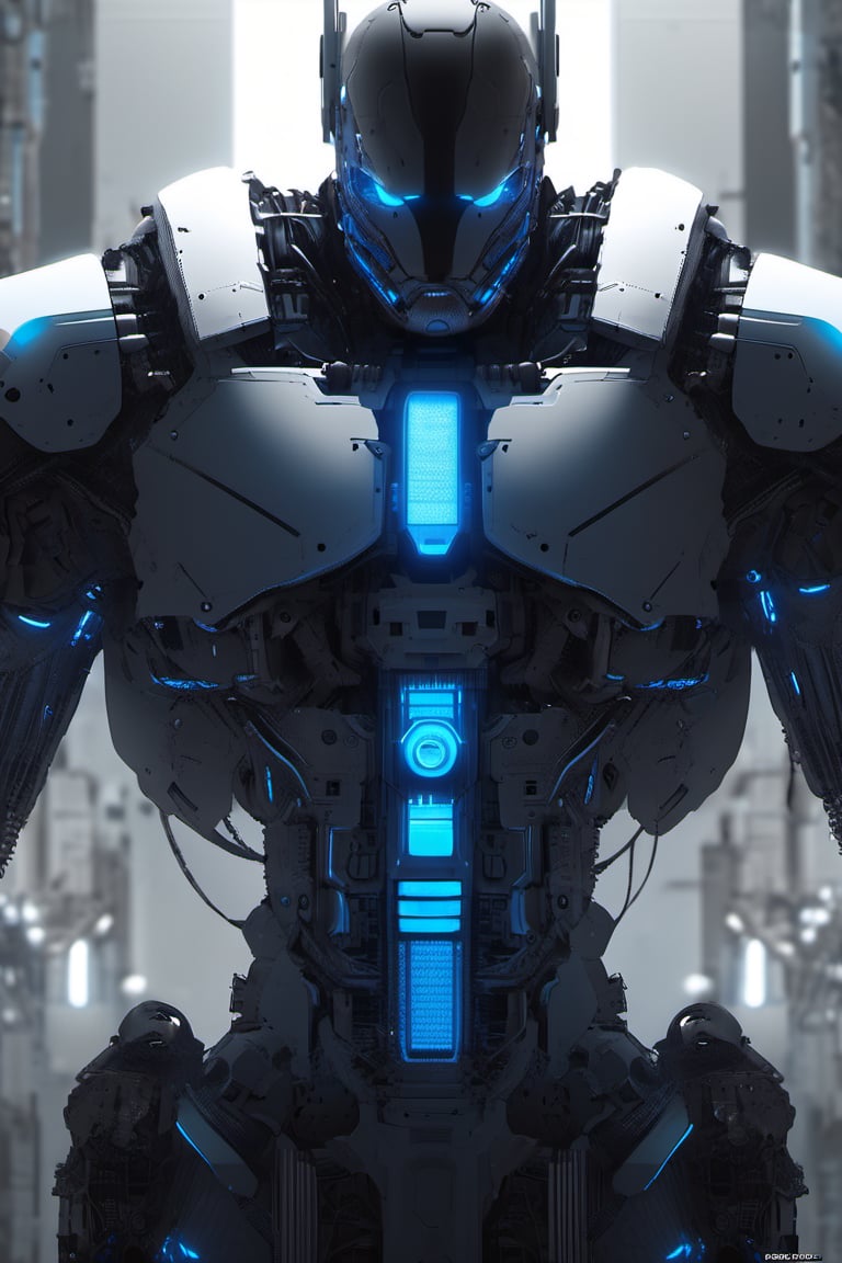 cyborg style, no humans, glowing, blue eyes, robot, glowing eyes, solo, standing, science fiction, animal, mechanical parts