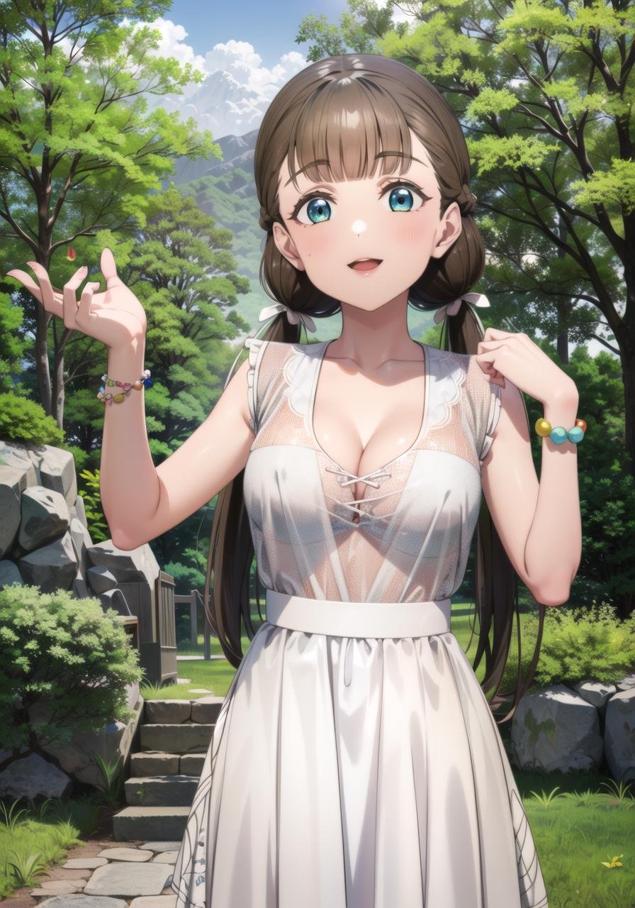 (masterpiece, best quality, ultra-detailed), (illustration), (beautiful detailed eyes), 1girl, solo, sakurakoji kinako, brown hair, bangs, long hair, green eyes, twintails, blunt bangs, <lora:KinakoV1:0.8>, medium breastsdress, thighs, (cleavage:1.2), frilled dress, frills, (see-through:1.2),light smile, cowboy shot, (tareme), parted lipsoutdoors, day, blue sky, (greenery, forest, rocks:1.3), depth of field,  <lora:1651489307798708599:0.2> <lora:add_detail:0.2> <lora:GoodHands-vanilla:1> <lora:tareme:0.6> 